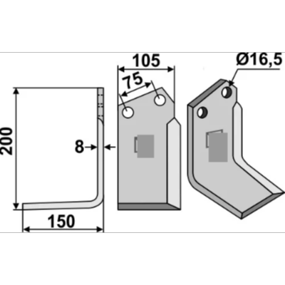 Lame Rotovator HP Equerre - 200 x 150 x 8 - Adaptable - Howard